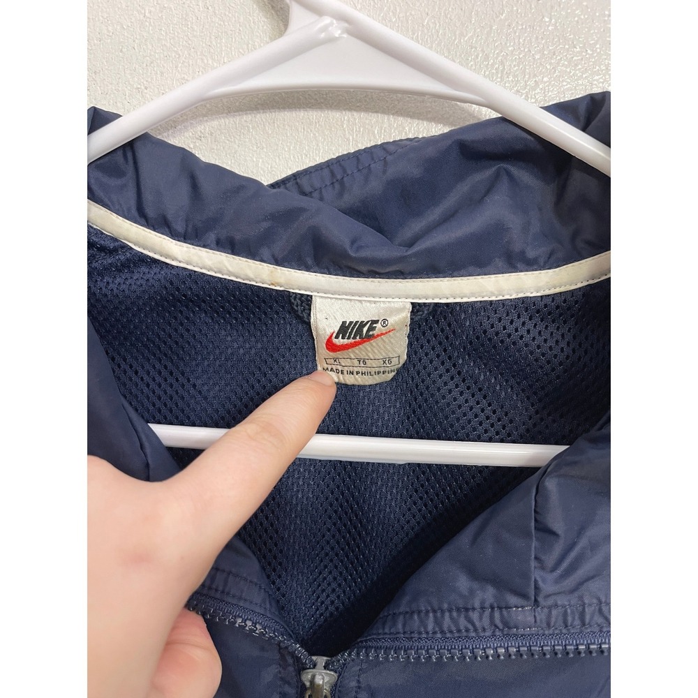 Vintage 90s Nike Windbreaker Track Jacket Navy White Sleeve Spellout Swoosh XL - Picture 3 of 3